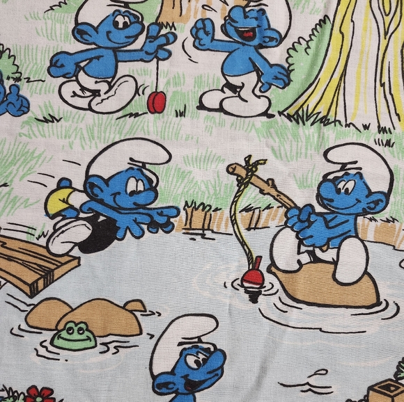 Vintage 1980s "Smurf Village " Twin Flat Bed Sheet Fabric - Picture 5 of 12
